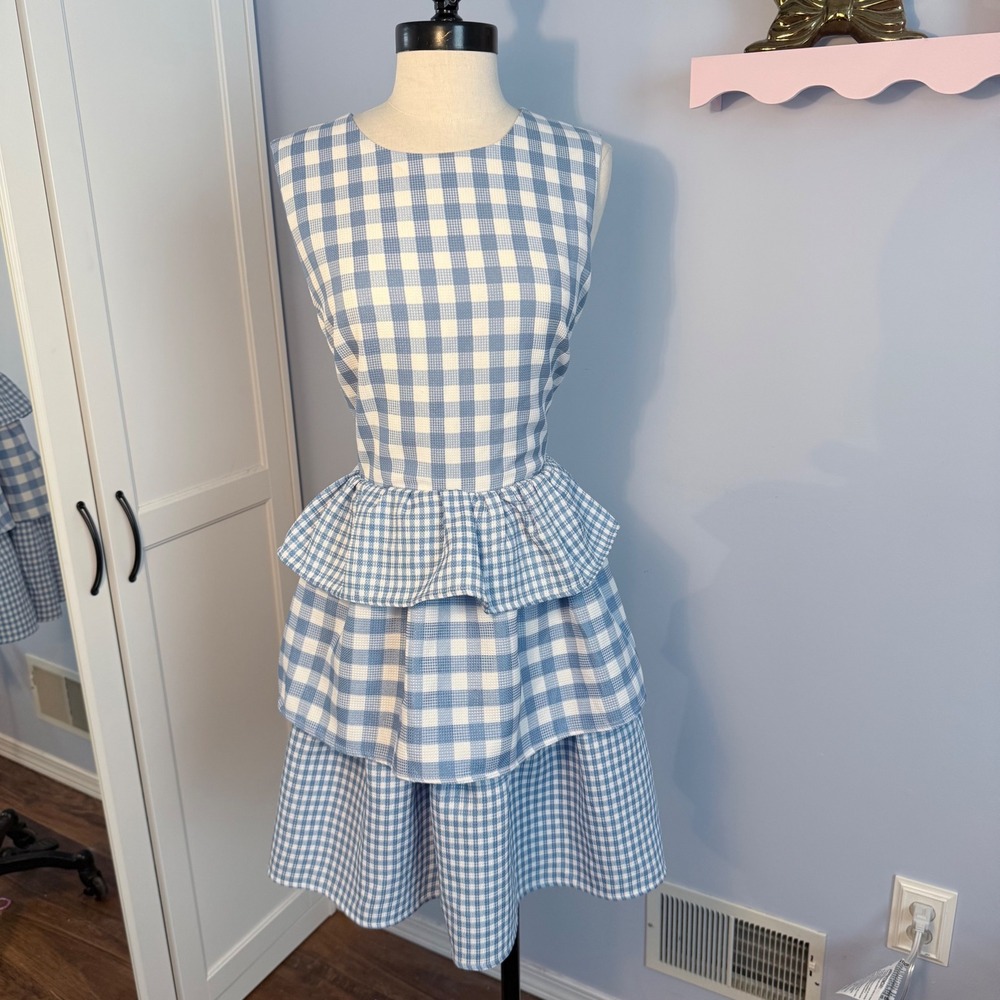 English Factory Blue Gingham Tiered Ruffle Mini Dress HN1640D L